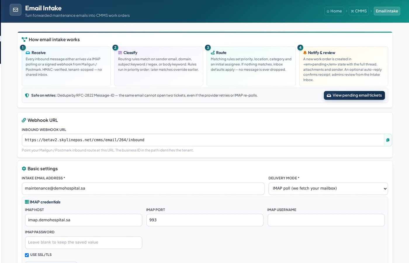 Email → ticket — Skyline CMMS