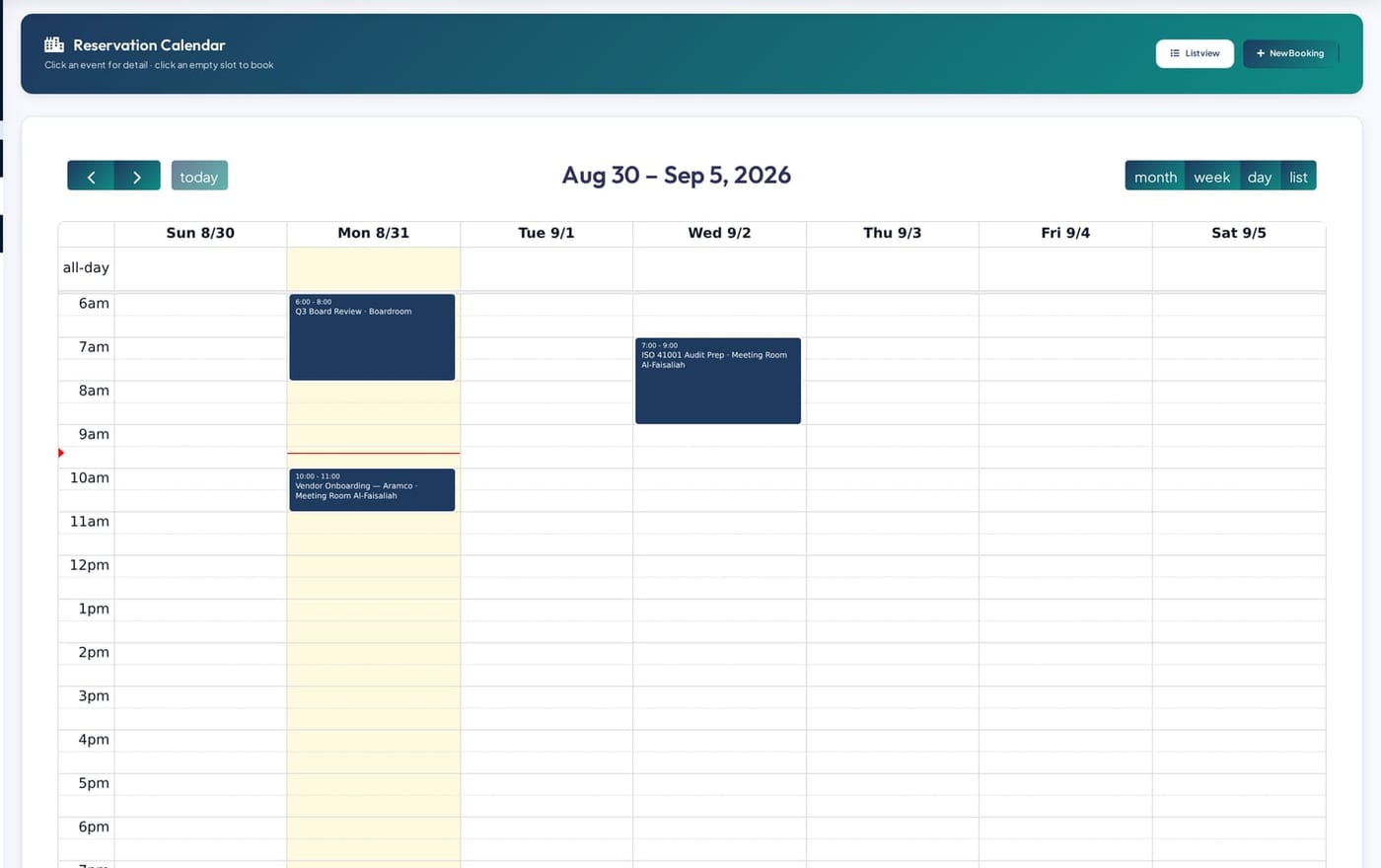 Reservation calendar — Skyline Facilities Management