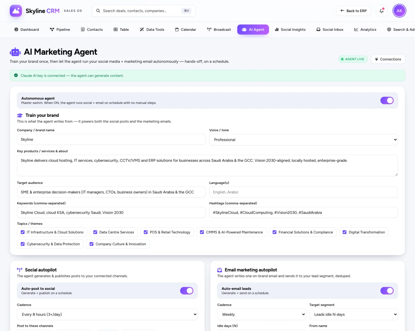 Autonomous AI marketing agent control page with channel toggles