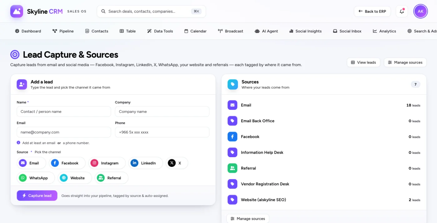 Omnichannel lead capture from email, social, WhatsApp and web into one pipeline